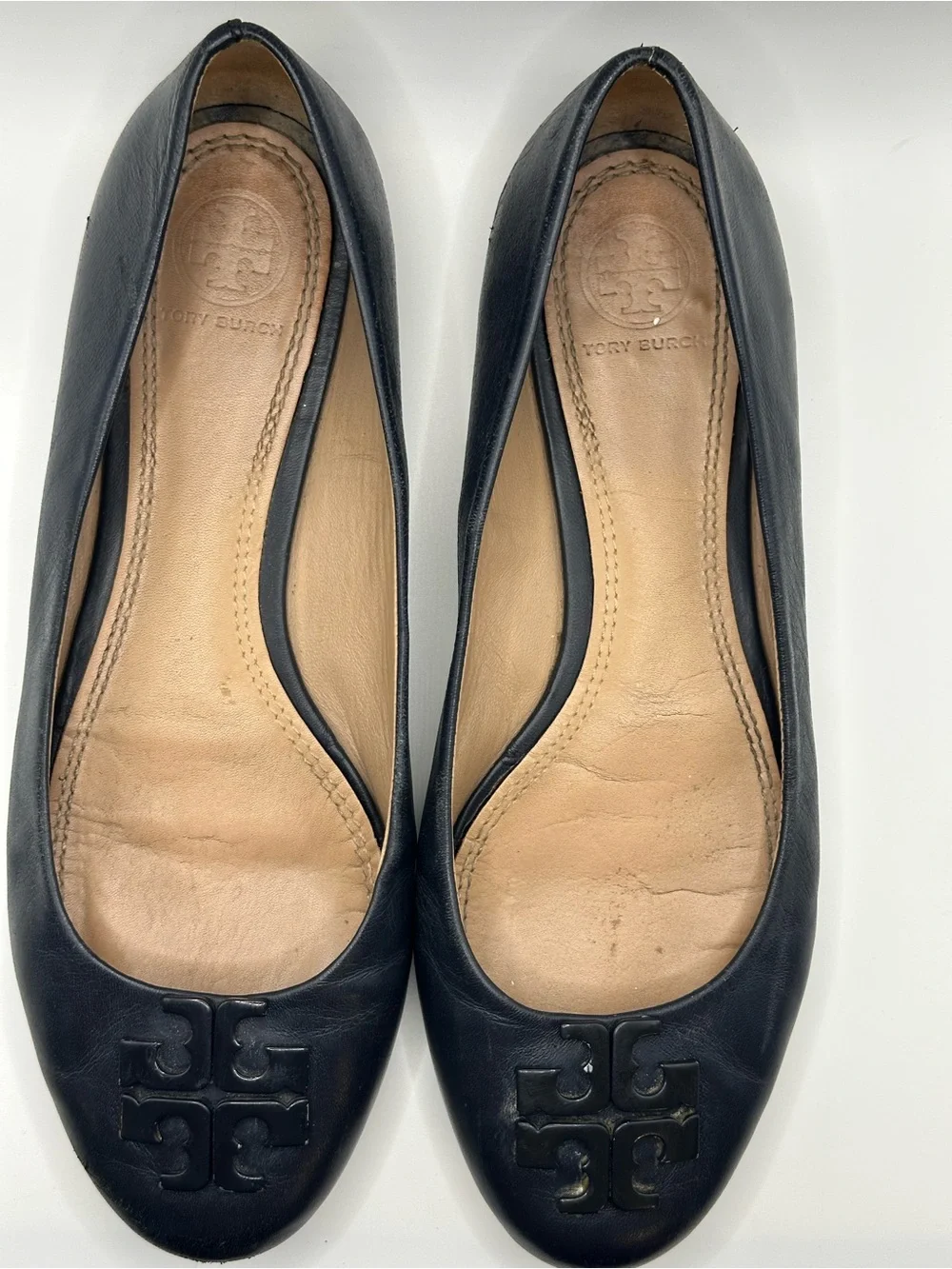 Tory Burch Navy Leather Logo Ballet Flats